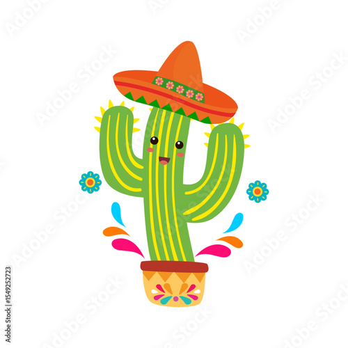 Cheerful Green Cactus Wearing Orange Sombrero with Colorful Floral Pot for Fiesta