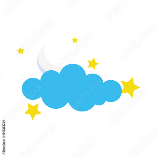 Blue Cloud with White Crescent Moon and Yellow Stars for Night Sky