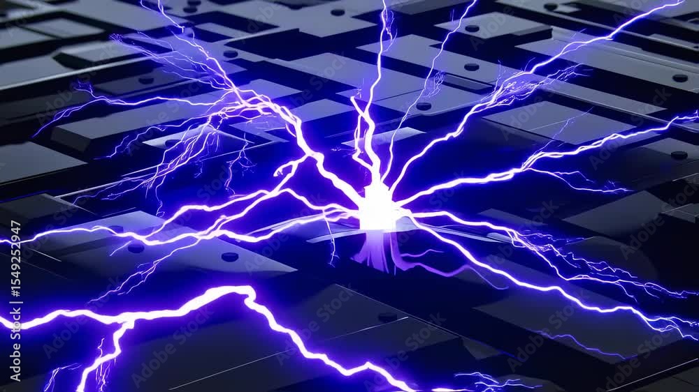 Electric discharge animation against futuristic dark backdrop revealing circuit network