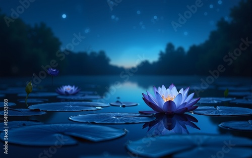 water lily in pond a night view with blue theme lily in blue water presenting a charming landscape a starry sky. High quality