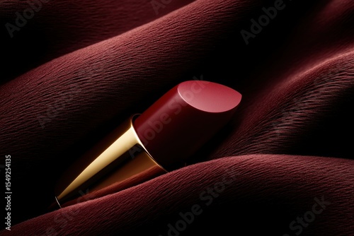 A rich burgundy lipstick rests on a deep maroon fabric
