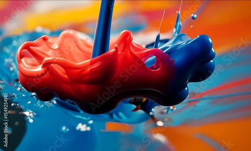 Vivid splashes of blue and red paint collide on a colorful canvas, creating dynamic motion and energy
