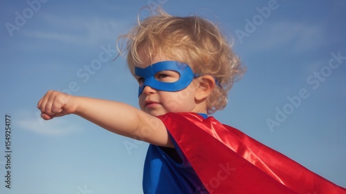 A small child embodying a superhero, wearing a cape and a mask against the blue sky