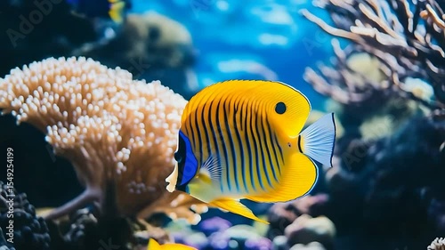 Vibrant yellow fish swimming gracefully among colorful coral reefs in a serene underwater scene