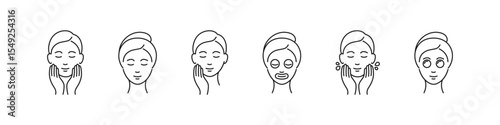 Female skincare facial routine icons in outline vector style. Beauty and cosmetic care symbol collection