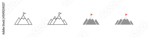 Mountain with red flag icons in flat and outline vector styles. Achievement and goal reaching symbol collection