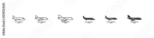 Passenger plane size icons in flat and outline vector styles. Aircraft illustrations from small to large scale