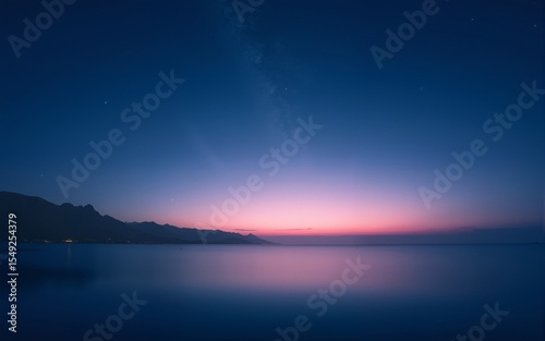 Serene twilight seascape with starry sky reflecting on calm ocean suited for relaxation or nature themes. High quality photo