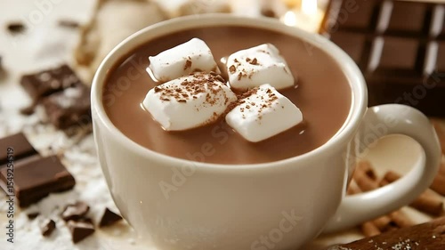 Warm cup of hot chocolate topped with marshmallows, surrounded by chocolate pieces and spices