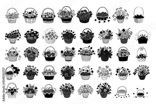 Many varied monochrome floral baskets with roses and leafy fillers fill the on white