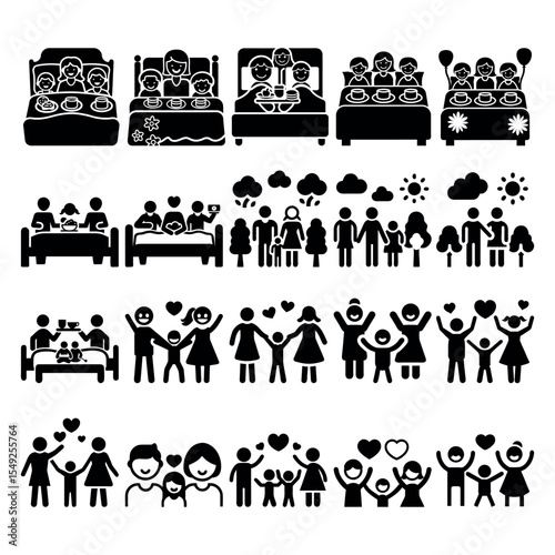 Diverse families enjoy moments together from breakfast in bed to park outings in solid silhouette