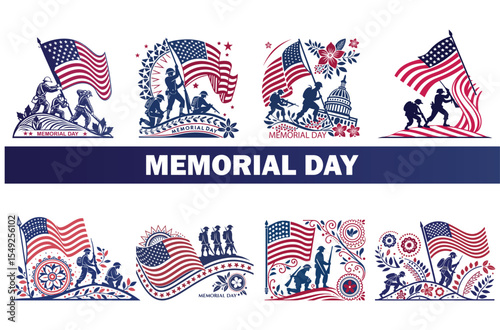 Memorial Day features eight illustrated scenes showing soldiers with American flags in varied patriotic vignettes
