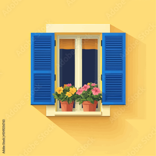Rustic Mediterranean windows with blue shutters and potted flowers on yellow wall. Ideal for travel illustrations, editorial design, postcards, and summer decor concepts