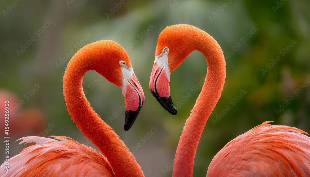 Obraz premium Two pink flamingos forming heart shape with necks. Birds in love, romance, affection. Exotic birds in nature, animal wildlife, pink feather details