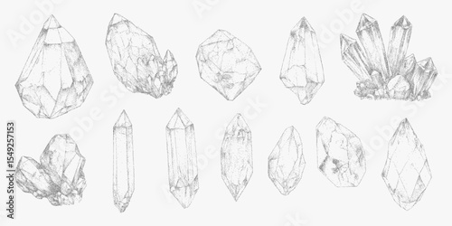 Elegant gemstone collection with faceted crystals. Ink sketches with gritty dot halftone, vintage magical design.