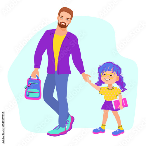 Dad and daughter are holding hands and walking to school. Family scene, care, parenting. A loving father and his child strolling, talking, and smiling. Vector flat illustration.