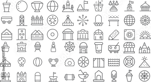 Amusement Park and Fairground Icon Collection with Various Rides and Attractions
