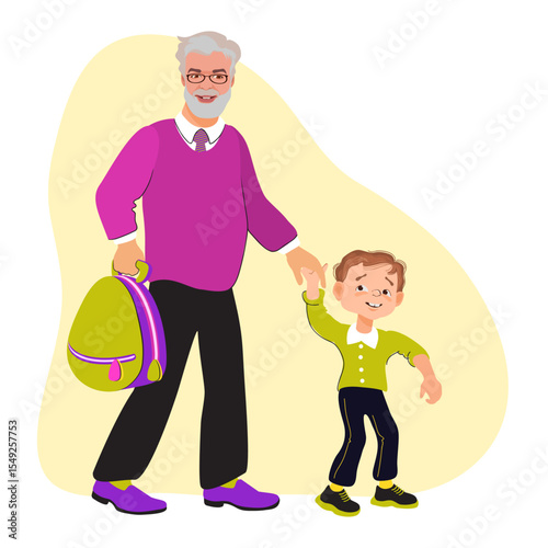 Grandfather and grandson are holding hands and walking to school. Family scene, care, parenting. A loving grandfather and child strolling, talking, and smiling. Vector flat illustration.