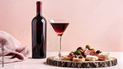 Red Wine Bottle, Martini Glass and Gourmet Appetizers on Rustic Wooden Board