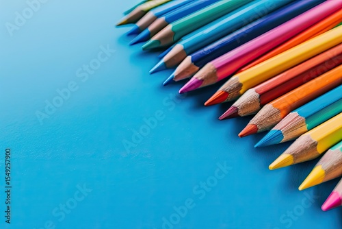 High Detail Image of Closeup of Colored Pencils Over Blue Background