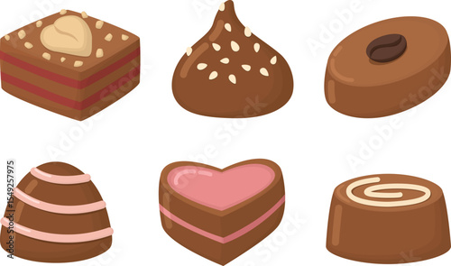 Set of milk chocolate sweets isolated on white background. Delicious candies of different shapes