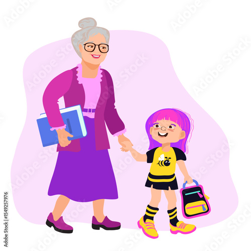 Grandmother and granddaughter are holding hands and walking to school. Family scene, care, parenting. A loving grandma and child strolling, talking, and smiling. Vector flat illustration.