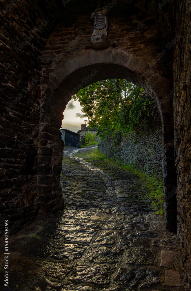 Obraz premium Evening light reflects on the cobblestones of a damp and mossy medieval path through an ancient stone archway with a religious statue at dusk with the last rays of the sun in Conques, France.
