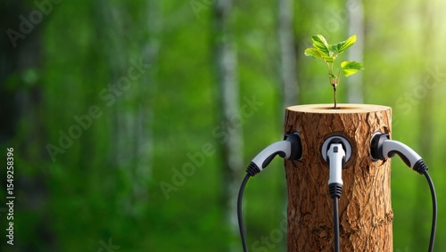 Young Sapling Growing from Tree Stump with Electric Vehicle Charging Cables in Forest Setting