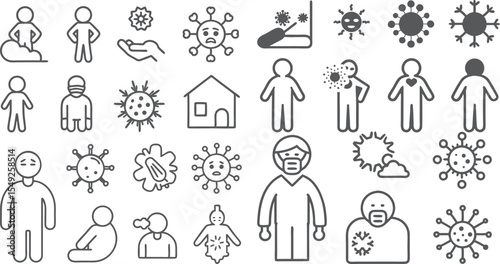 Health Icons: Virus, Masks, Symptoms, Hygiene, and Social Distancing