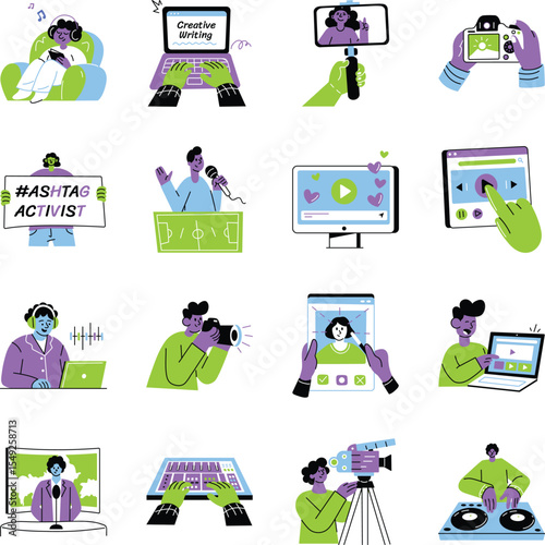 Pack of Media Technology Flat Style Illustrations 
