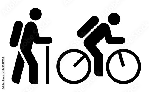 Hiking and biking symbols. Tourist and cyclist icon set. Pilgrim, tourist, hiking trail, trekking route, cycling route, bike trail, bicycle road signs.