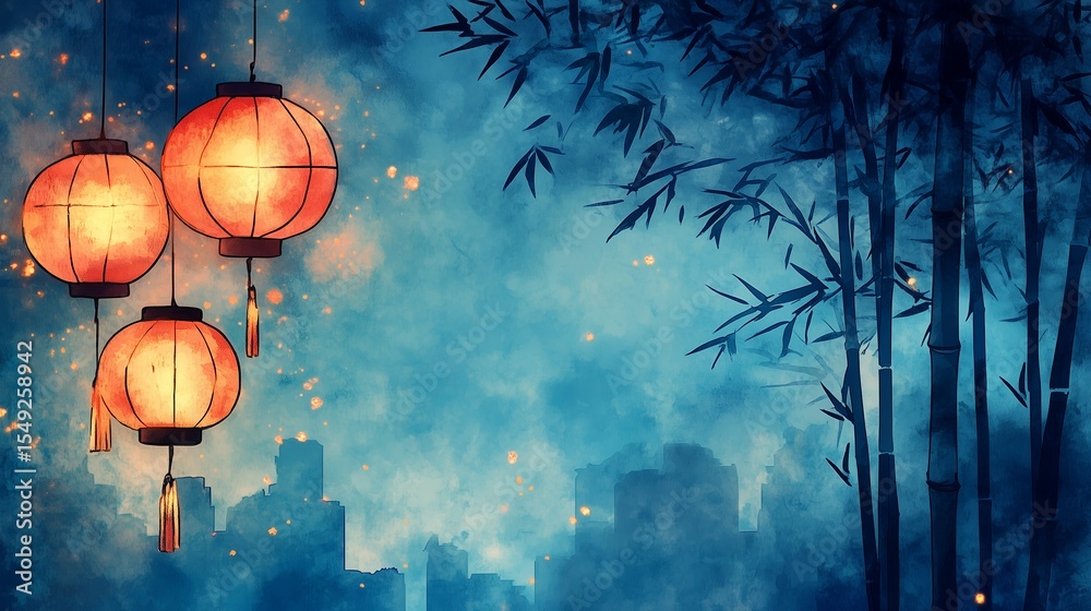Obraz premium Blue Night Scene with Red Lanterns, Bamboo Forest and City Silhouette, Fireflies Accents 