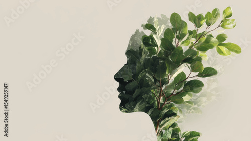 Green silhouette with growing leaves symbolizing nature-based mental health and emotional healing vector concept.