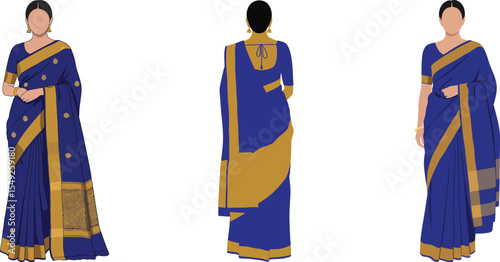 Elegant vector set of Indian women in royal blue traditional sarees with gold border and jewelry
