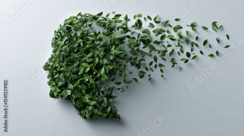 Green silhouette with growing leaves symbolizing nature-based mental health and emotional healing vector concept.