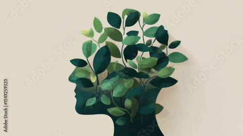 Green silhouette with growing leaves symbolizing nature-based mental health and emotional healing vector concept.