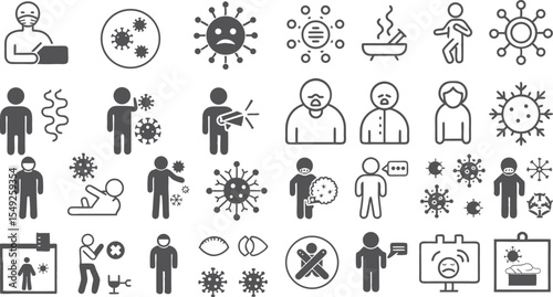 Comprehensive COVID-19 Icons: Health, Symptoms, Prevention, Social Distancing