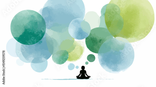 Watercolor vector of meditating figure with thought bubbles promoting mental clarity and inner peace