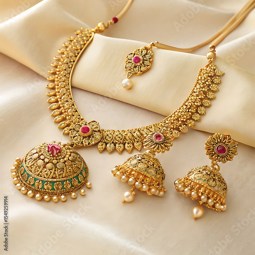 Elegant Gold Indian Jewelry Set with Pearls and Red Stones on Silk