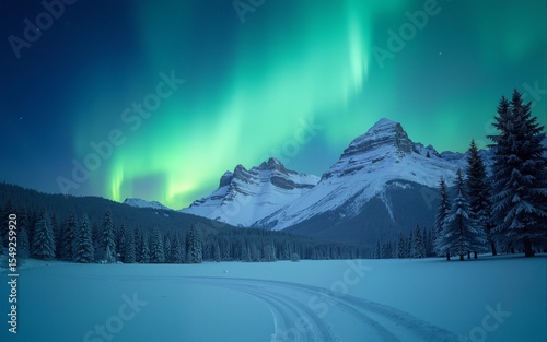 Northern lights over a snowy winter landscape serene and majestic suitable for travel and nature themes. High quality