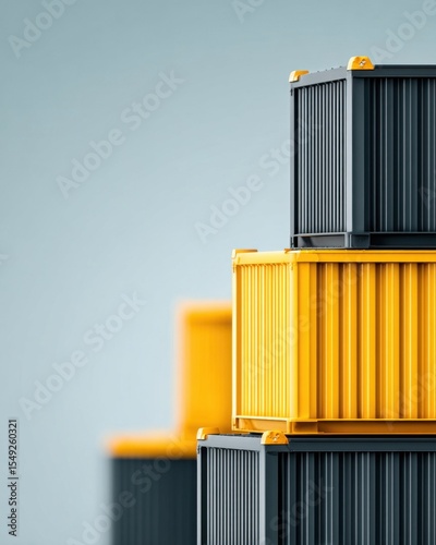 Stacked yellow and gray cargo containers in sharp focus with a minimalistic background.