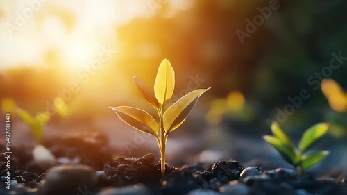 Young green seedlings emerging from soil under warm sunlight in a serene garden setting