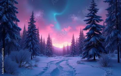 Magical forest, vibrant colors, twilight landscape, winter scenery, neon sky, starry night, ethereal atmosphere, glowing trees, dreamlike nature, surreal beauty, fantasy theme concept. High quality