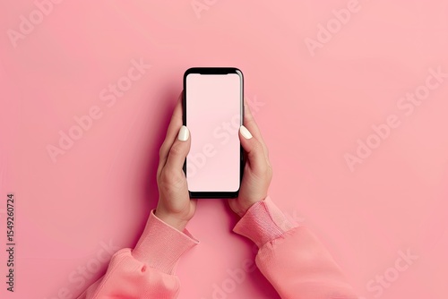 Overhead Shot of Womans Hands Holding Mobile Phone with Empty Screen on Pink Background Top View