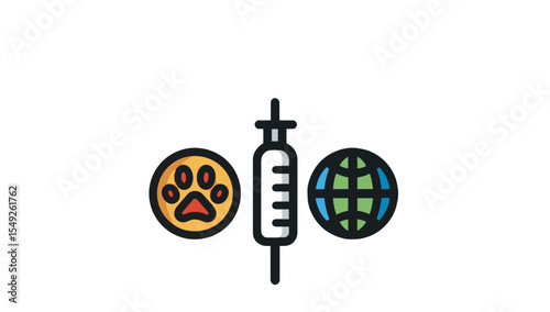Flat Design Syringe, Paw Print and Globe Icons Representing Global Pet Vaccination for Rabies Awareness
