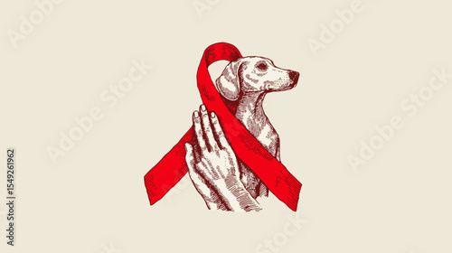 Sketch Style Dog in Hands with Red Awareness Ribbon for Rabies Day Health Support Illustration Campaign