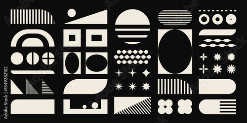Brutalism shapes and forms, set of retro monochrome stickers and geometric design elements. Vector abstract art, vintage figures and flat decorations.