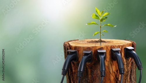 Green Plant Sprouting from Tree Stump with Electric Vehicle Charging Plugs Symbolizing Sustainable Energy Growth
