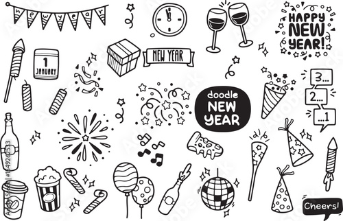 New Year Party Elements Doodle – Fireworks, Clock, Gift, Midnight, Celebration Icons, PNG