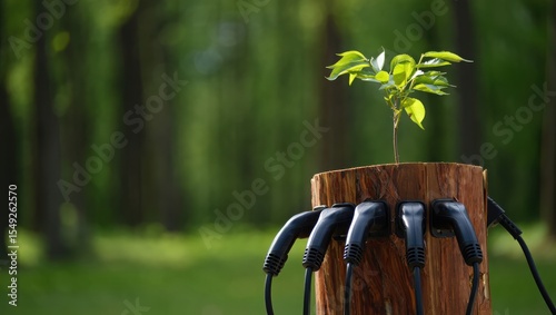 Green Sapling Growing from Tree Stump with Electric Vehicle Charging Cables in Forest